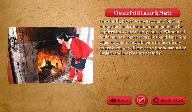 Interactive Touch Screen, screen grab of Claude Pelle Lahar & Marie Bio - People of Michilimackinac - Mackinac State Historic Parks