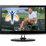 Video monitor with Springer Prosthetics "Active" image, man with prosthetic leg siting a track/football field.