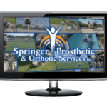 Video monitor with Springer Prosthetics "Collage" image, collage of images in the background with Springer Prosthetics logo.