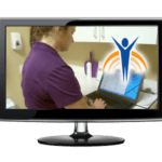 Video monitor with Springer Prosthetics "Lab" image, woman working on computer in patient exam room.