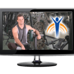 Video monitor with Springer Prosthetics "Uplifting" image, man with weight room in the background.