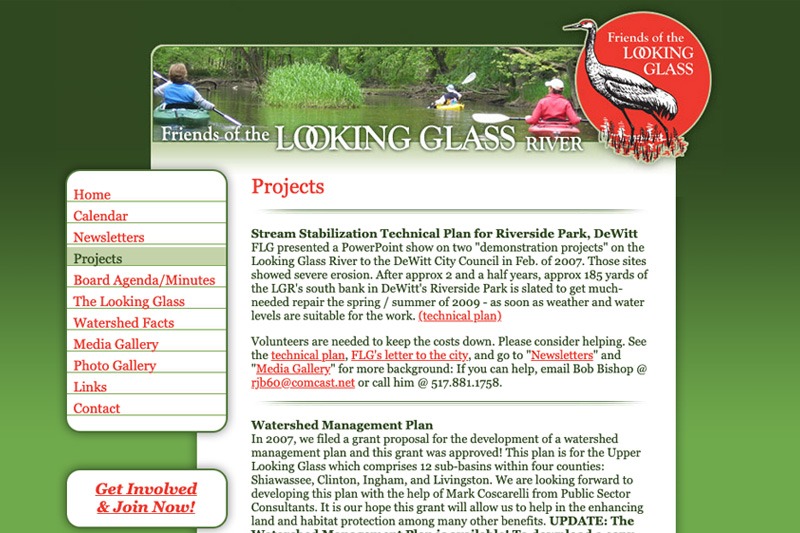 Friends of the Looking Glass River – Projects page, designed by Future Media Corporation