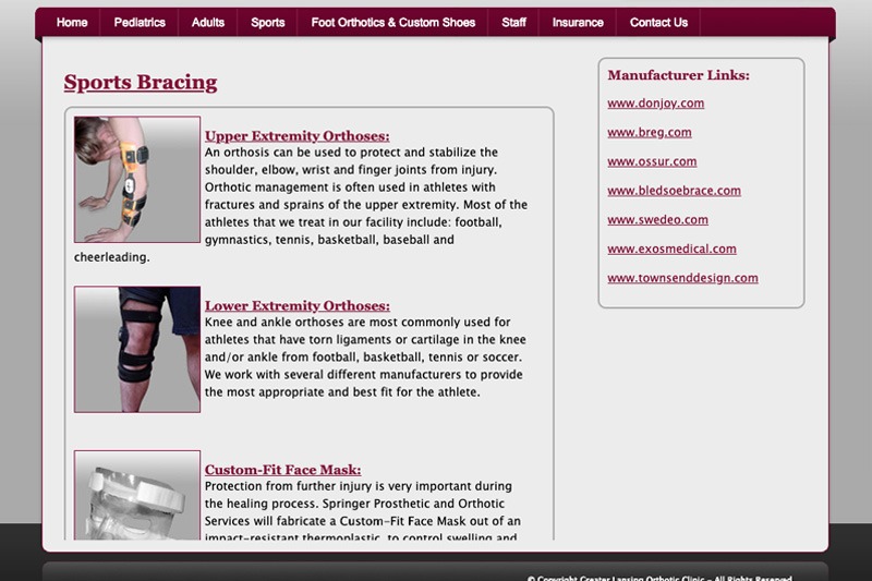 Greater Lansing Orthotic Clinic – Sports Bracing Page, designed by Future Media Corporation