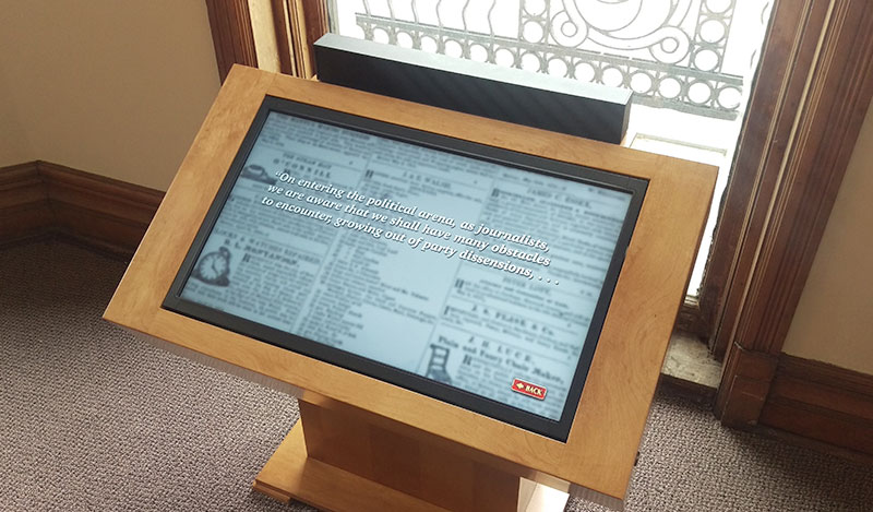 Quincy Illinois History Museum - interactive touch screen display overlooking Washington Park, Quincy Illinois